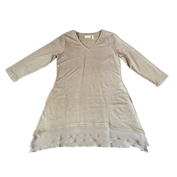 LOGO Lounge Taupe Tunic w/2 Front Pockets & 2-Tier Sheer Ruffle Hem, Size XXS - Picture 3 of 9